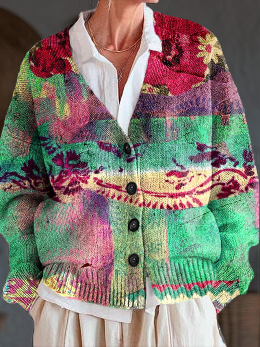 vintage-ethnic-floral-painting-art-print-buttoned-v-neck-cardigan-sweater