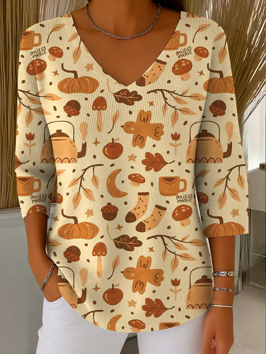 Women's Halloween Print V-Neck 3/4 Sleeve Casual Sweater