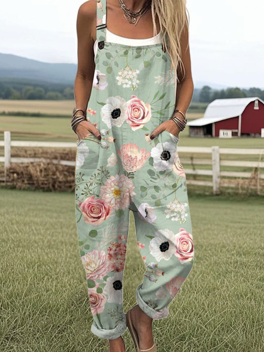 Women's Vintage Floral  Art Print Casual 100% Cotton Wide Leg Jumpsuit