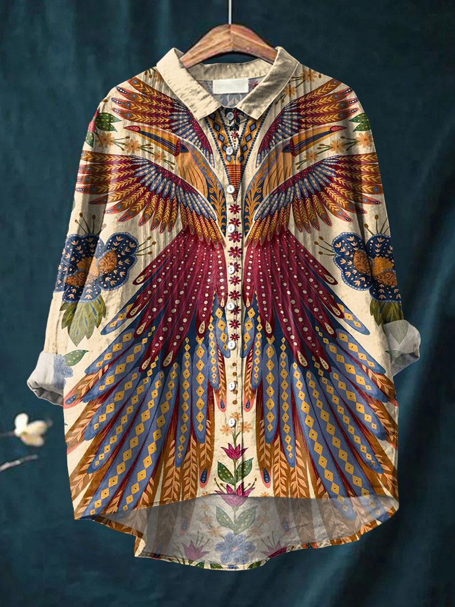 Women's Vintage Pattern Art Print Casual Cotton And Linen Ruffle Shirt