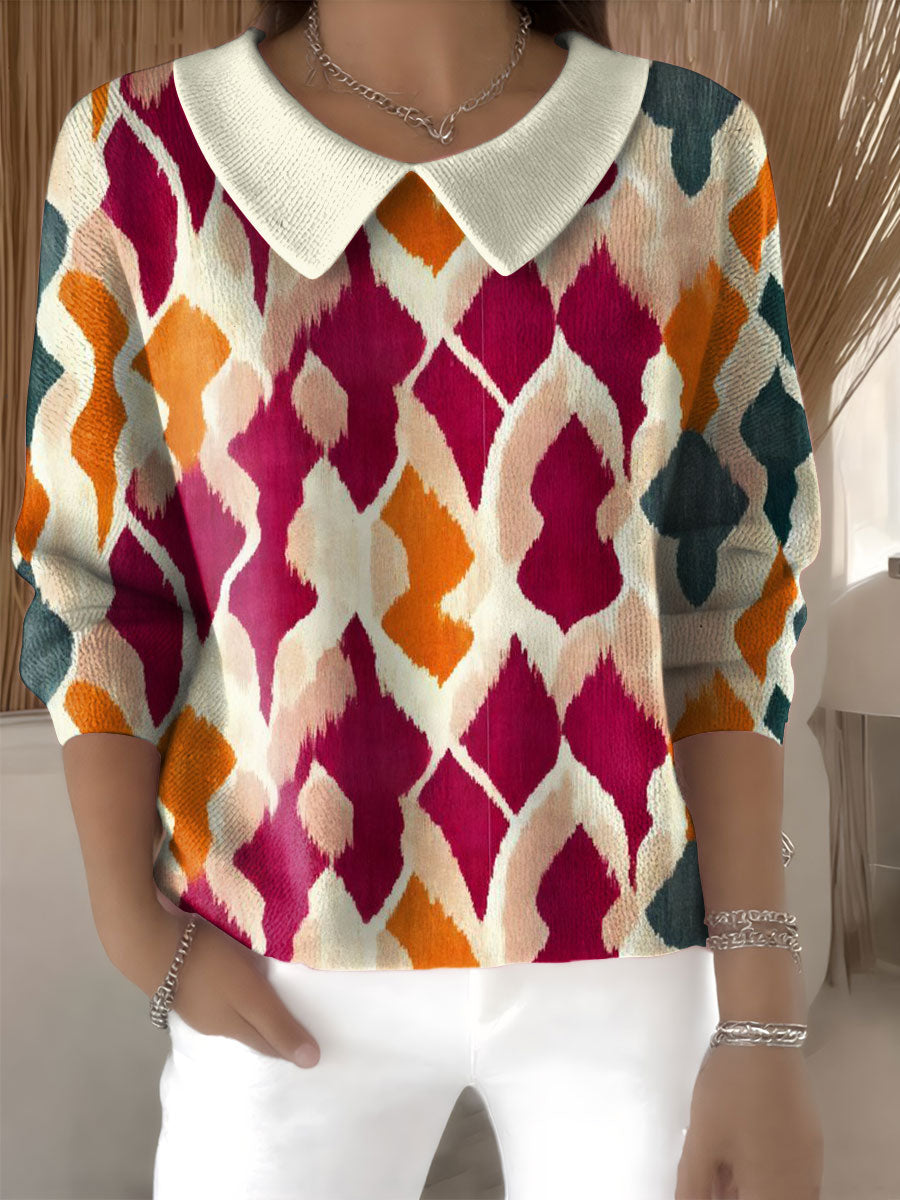 womens-geometric-splicing-casual-print-peter-pan-collar-3-4-sleeve-sweater
