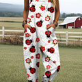 Women's Simple Floral and Insect Art Print Casual 100% Cotton Wide Leg Jumpsuit