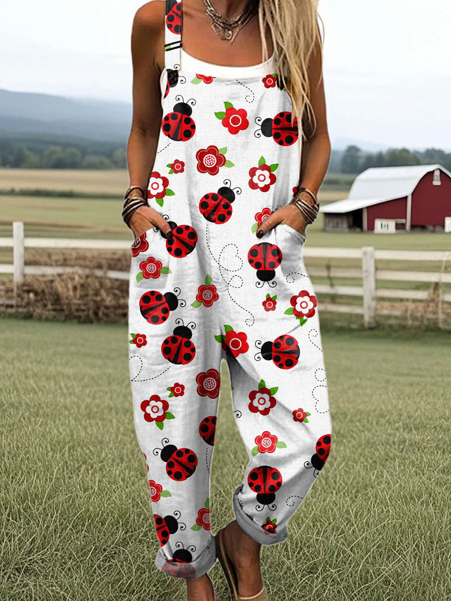 Women's Simple Floral and Insect Art Print Casual 100% Cotton Wide Leg Jumpsuit