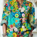 Women's Abstract Beautiful Colorful Floral Painting Art Print Casual Cotton And Linen Ruffle Shirt