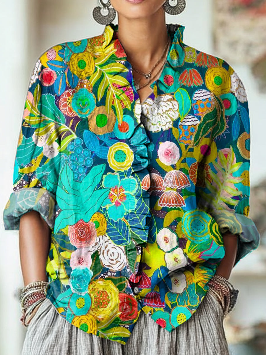 Women's Abstract Beautiful Colorful Floral Painting Art Print Casual Cotton And Linen Ruffle Shirt