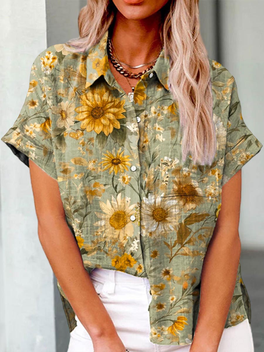 Women's Floral Pattern Art Print Casual Cotton Shirt