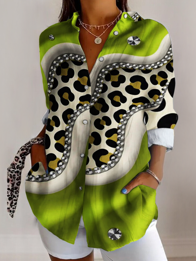 V Neck Long Sleeve Abstract Graphic Regular Micro-Elasticity Regular Fit Shirt For Women