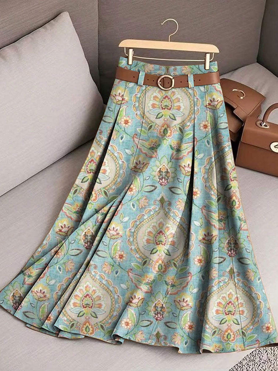 Women's Retro Flowers Pattern Casual Print Cotton Skirt