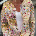 Floral Embroidery Art Print Buttoned Cardigan Sweater