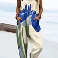 Women's Vintage Flower Art Print Casual 100% Cotton Wide Leg Jumpsuit