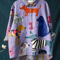 Women's Dog Art Print Casual Cotton And Linen Shirt