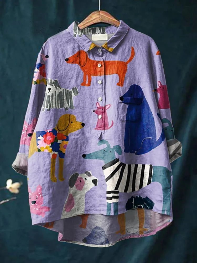 Women's  Dog Art  Print   Linen Pocket Skirt