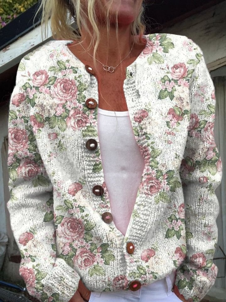 Fresh Pink Roses Print Buttoned Cardigan Sweater