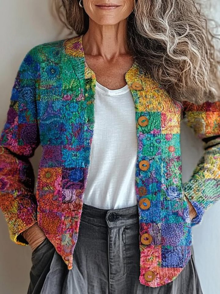 Vibrant Floral Patchwork Pattern Printed Buttoned Cardigan Sweater
