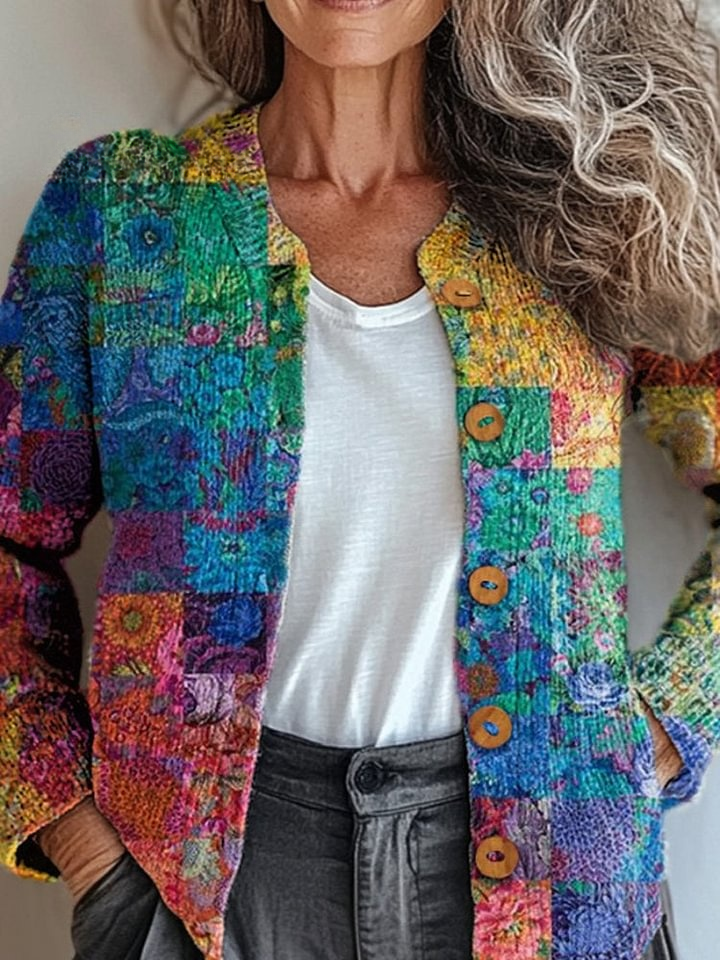 Vibrant Floral Patchwork Pattern Printed Buttoned Cardigan Sweater