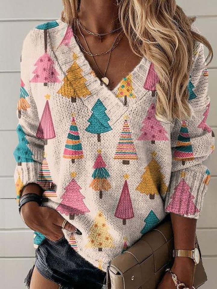 Christmas Tree Print Knit V-neck Pullover Sweater