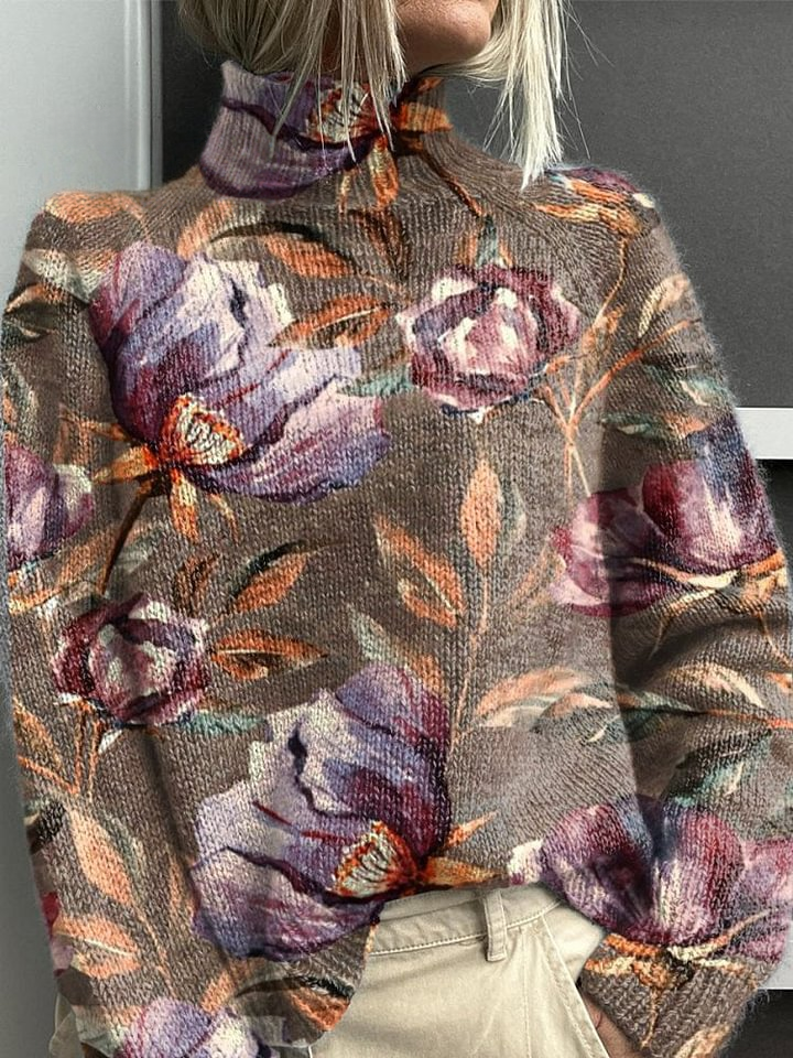Floral Vintage Print Knit Turtleneck Pullover Sweater