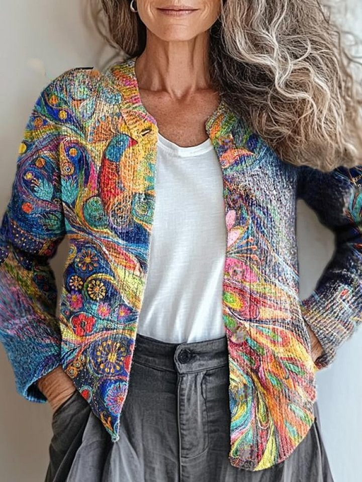 Women's Colorful Phoenix Pattern Print Casual Button Cardigan Sweater