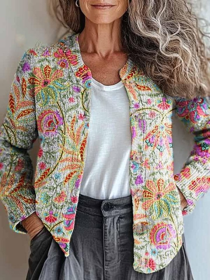 Women's Bohemian Colorful Floral Art Pattern Print Buttoned Cardigan Sweater
