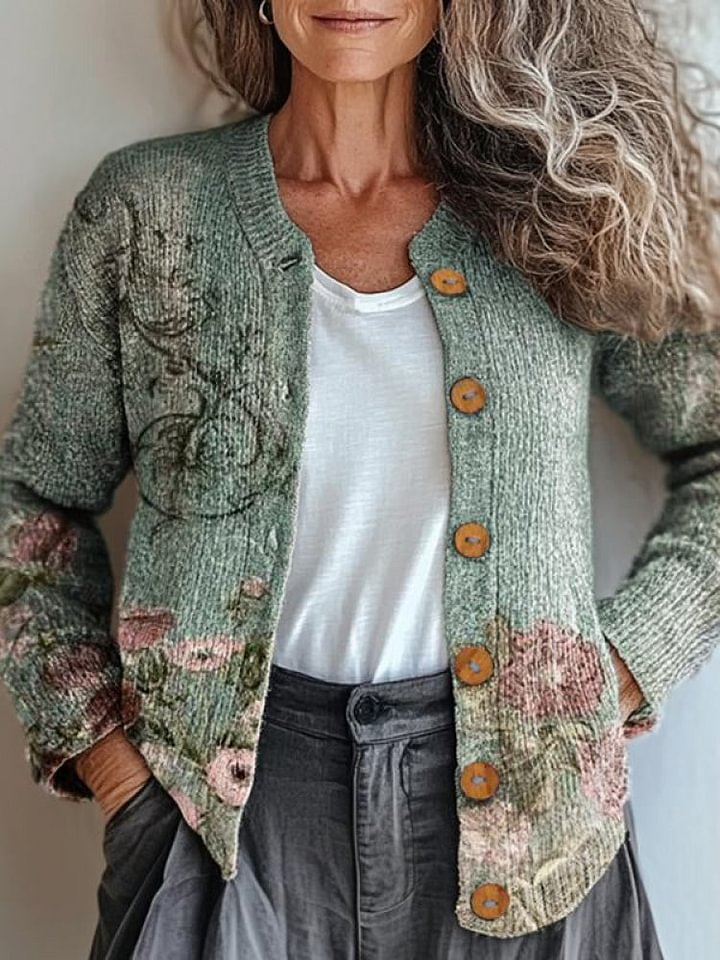 Women's Vintage Floral Art Pattern Print Buttoned Cardigan Sweater