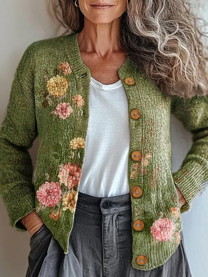 Women's Vintage Floral Art Pattern Print Buttoned Cardigan Sweater