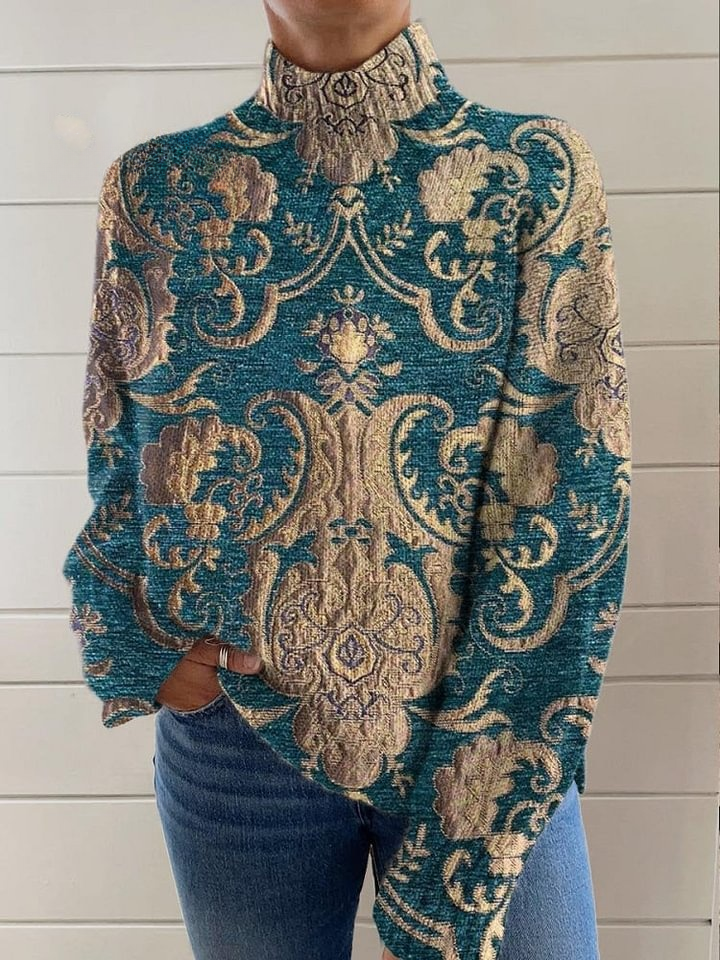 Women's Vintage Lovely Floral Art Print Knit Turtleneck Pullover Sweater