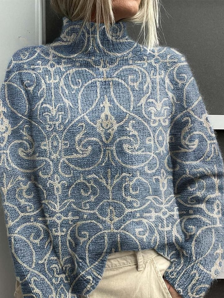 Women's Vintage Lovely Floral Art Print Knit Turtleneck Pullover Sweater