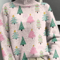 Pink Christmas Tree Christmas Print Knit Turtleneck Pullover Sweater
