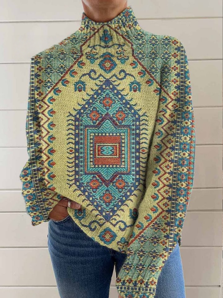 Women's Vintage Ethnic Floral Art Print Knit Turtleneck Pullover Sweater