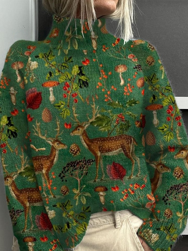 Retro Christmas Gifts Print Knit Turtleneck Pullover Sweater