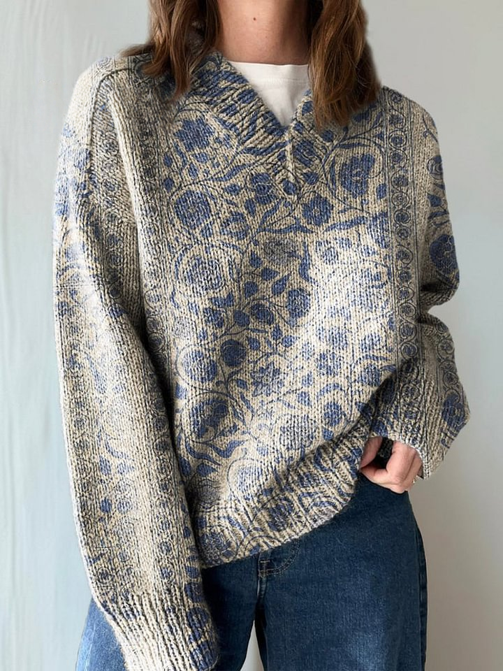 Women's Floral Patchwork Art Print Casual V Neck Pullover Knit Sweater