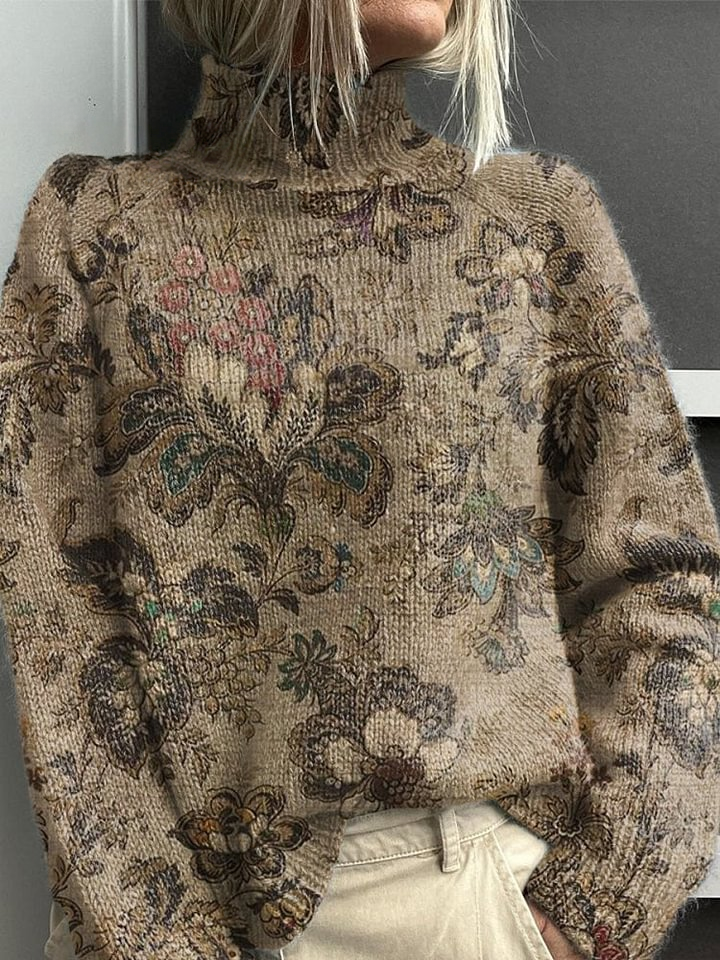 Vintage Floral Print Knit Turtleneck Pullover Sweater