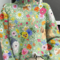 Women's Lovely Flowers Dogs Art Print Knit Turtleneck Pullover Sweater