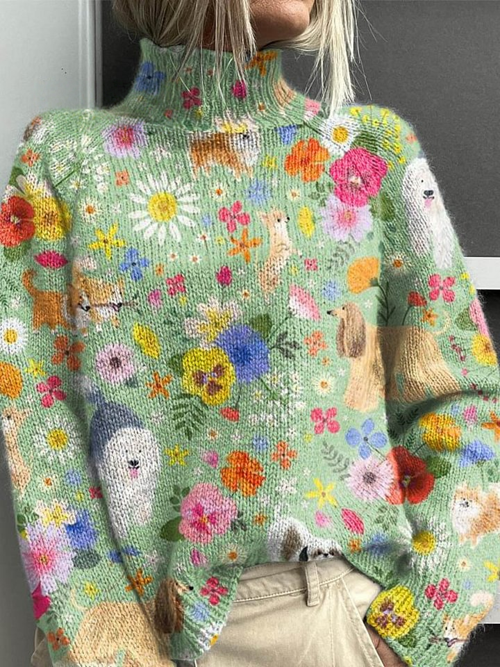Women's Lovely Flowers Dogs Art Print Knit Turtleneck Pullover Sweater