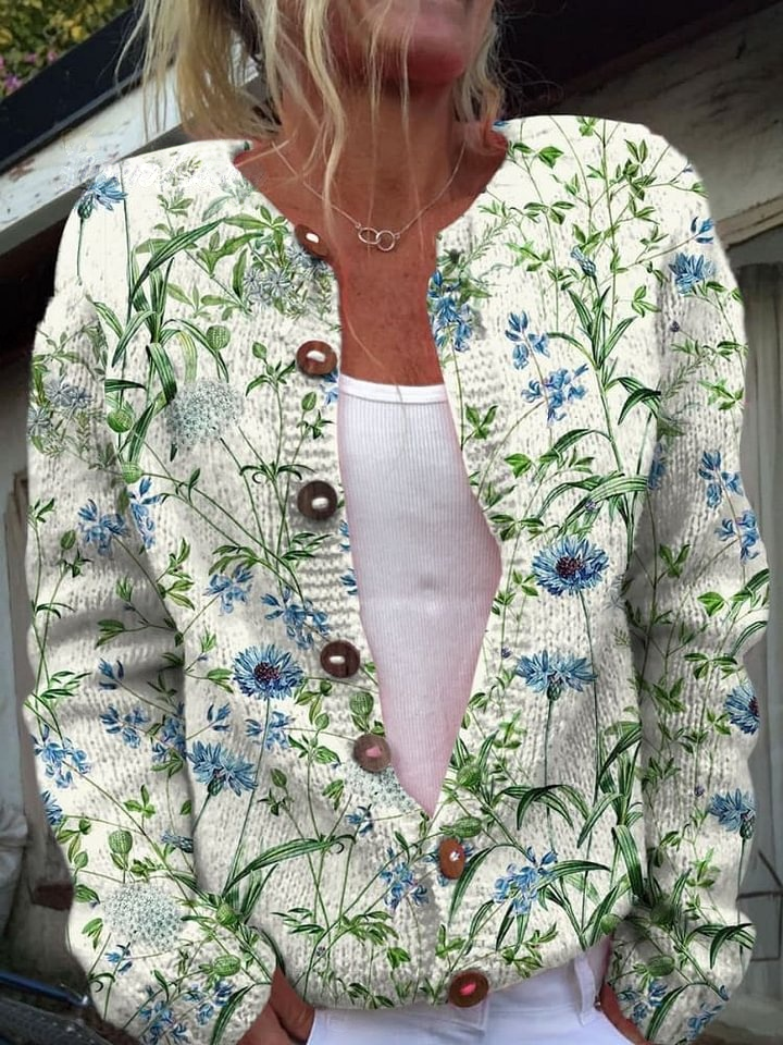 Vintage Flower Art Print Buttoned Cardigan Sweater
