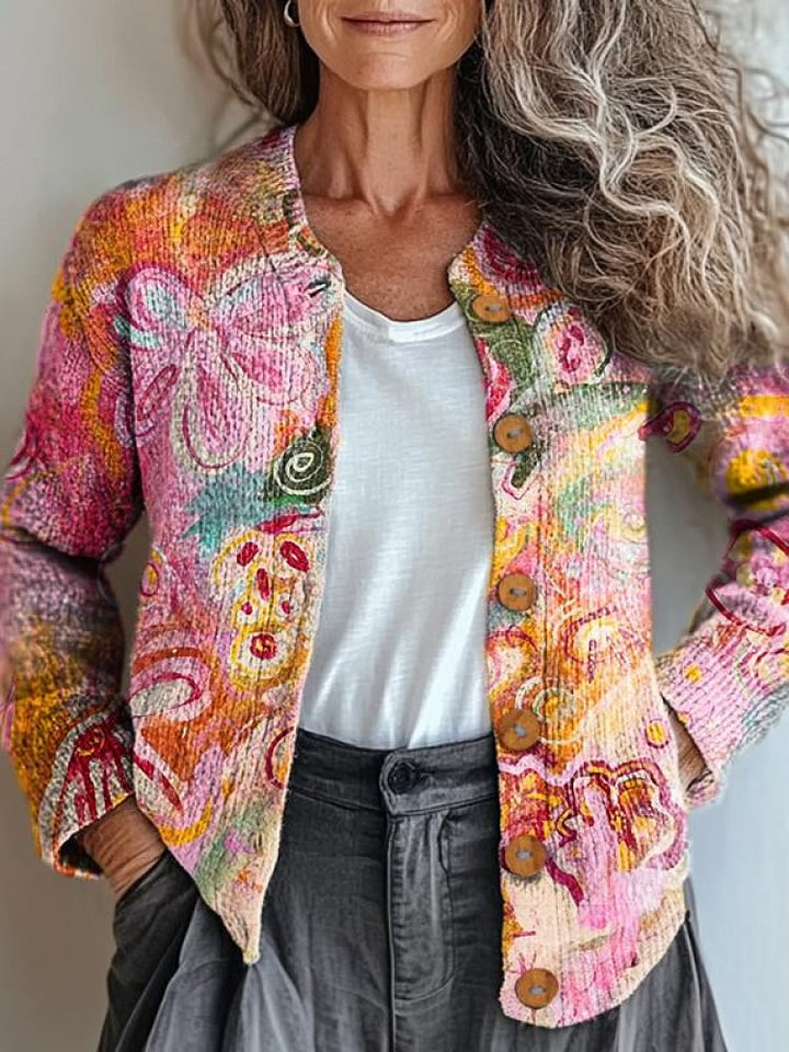 Women's Floral Fantasy Art Print Button Cardigan