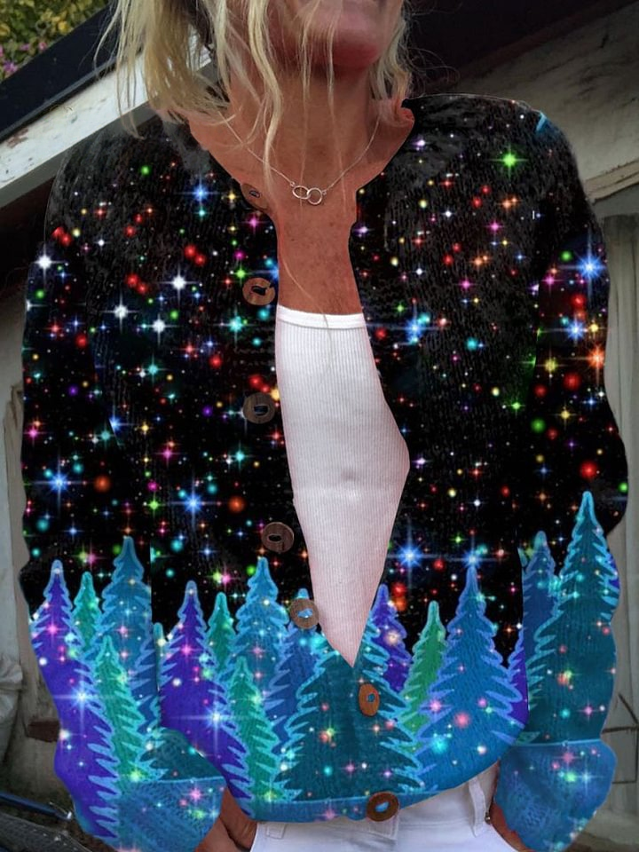Glitter Christmas Art Print Buttoned Cardigan Sweater