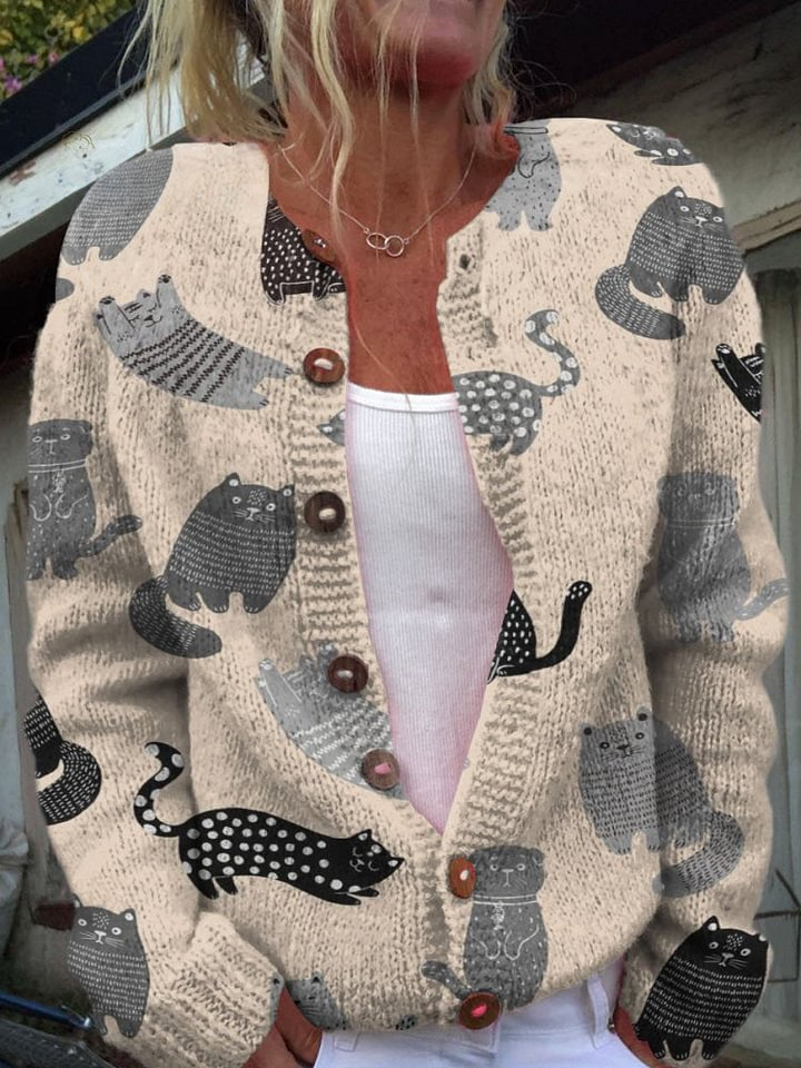 Decorative Pattern with Cute Cats Playing Buttoned Cardigan Sweater