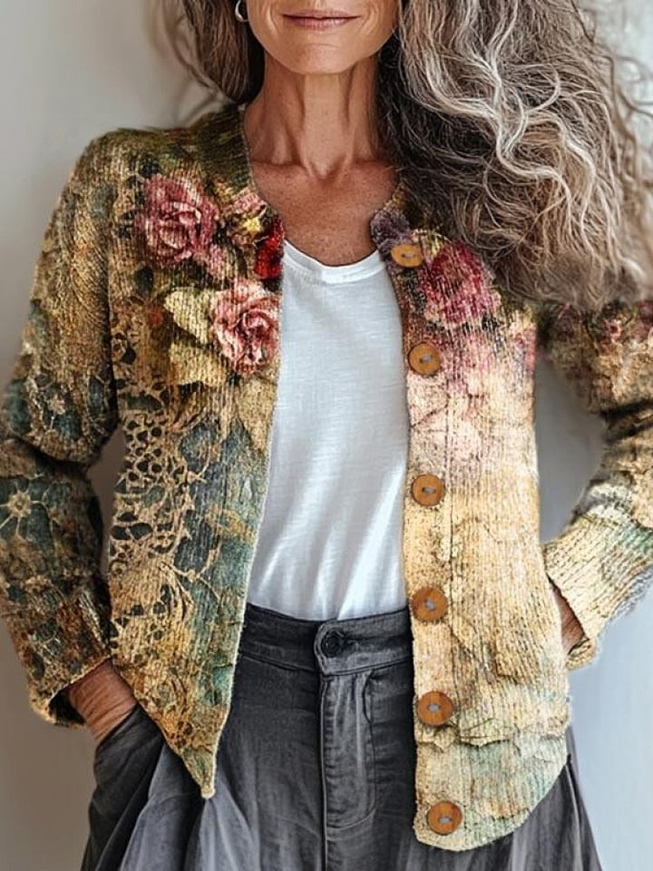 Women's Vintage Lovely Floral Art Print Buttoned Cardigan Sweater
