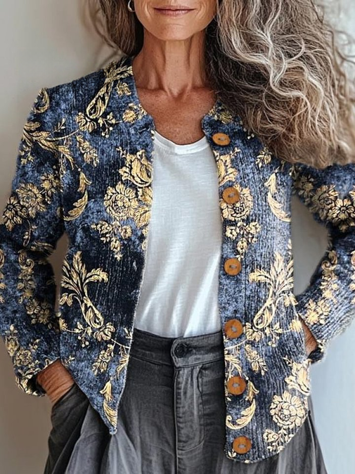 Women's Vintage Lovely Floral Art Print Buttoned Cardigan Sweater