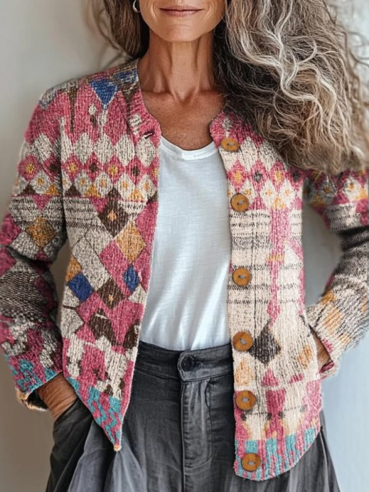 Vintage Moroccan Plaid Print Buttoned Cardigan Sweater
