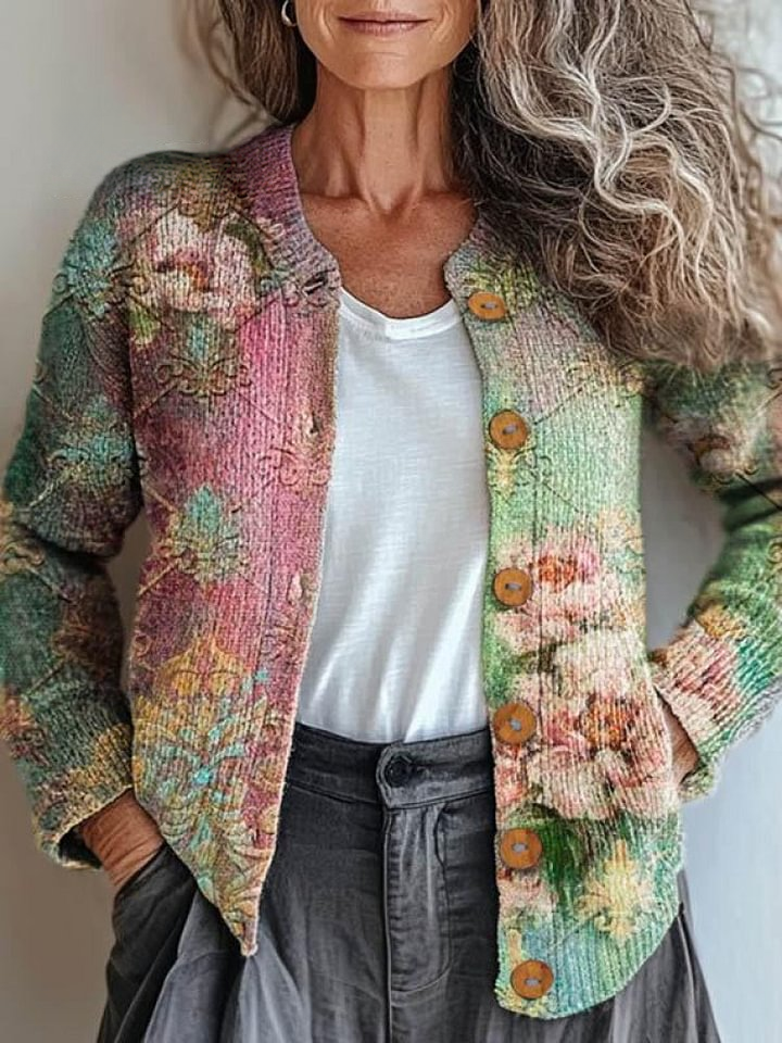 Women's Vintage Lovely Floral Art Print Buttoned Cardigan Sweater