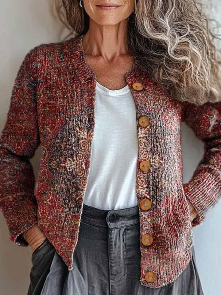 Women's Vintage National Pattern Print Buttoned Cardigan Sweater