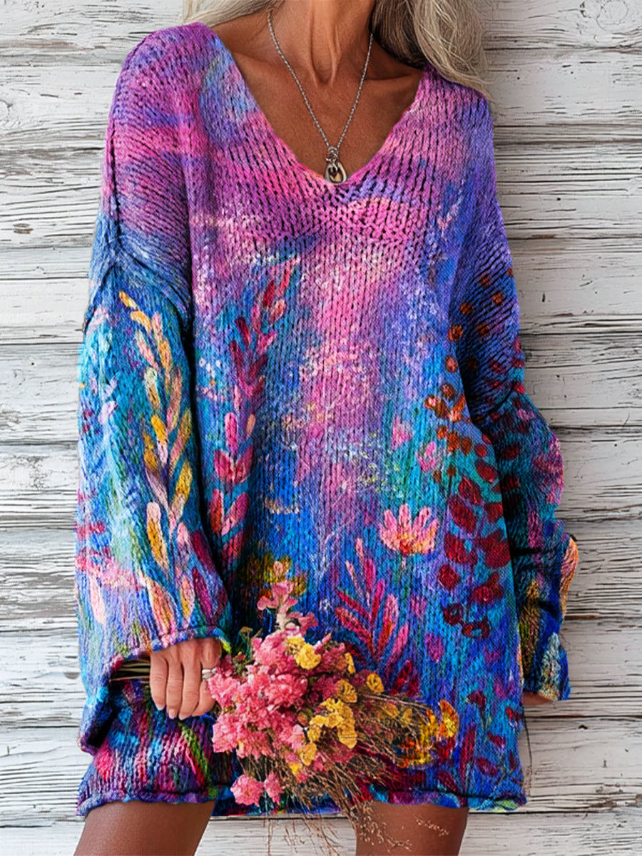 Women's Beautiful Abstract Purple Floral Painting Art Print Casual Pullover Sweater