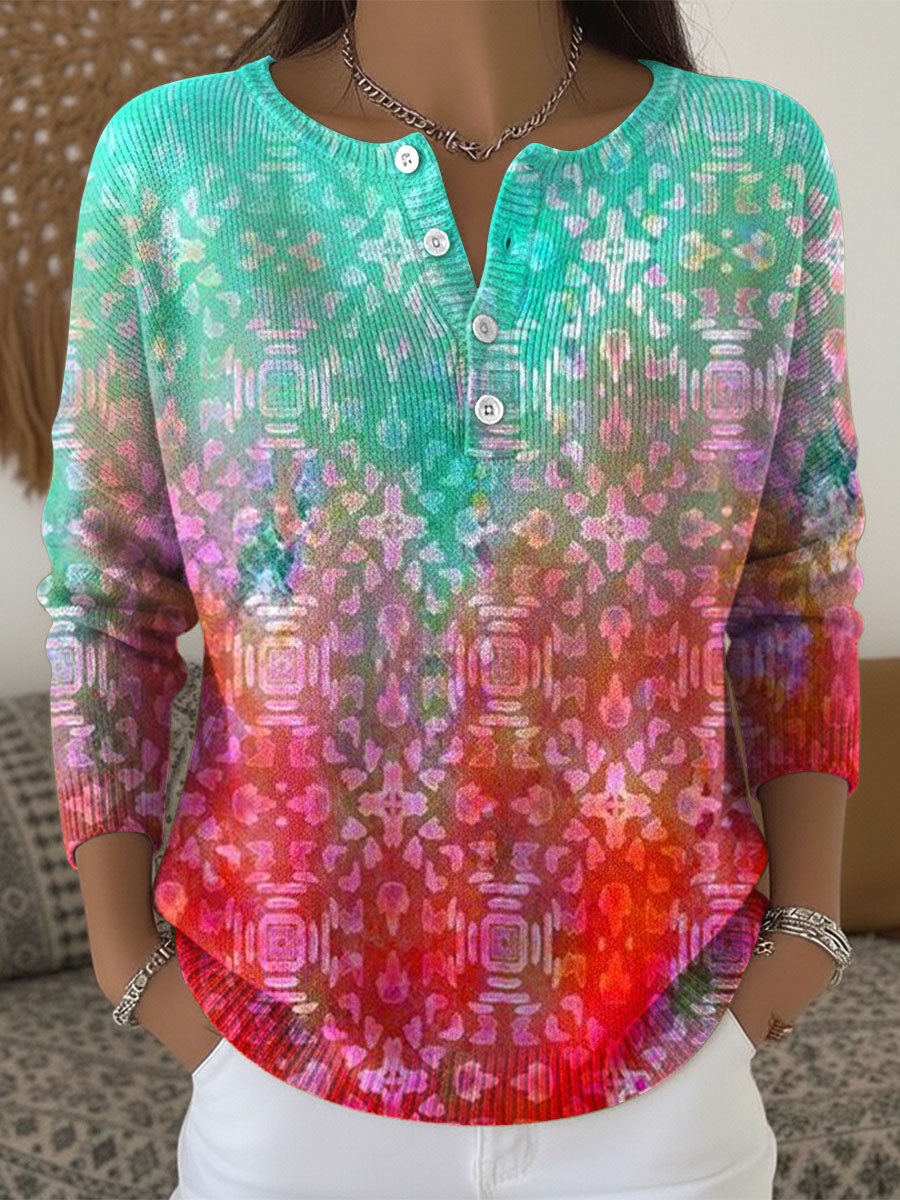 Women's Multicolor Flowers Gradient Pattern Art Print Buttoned Cardigan Sweater