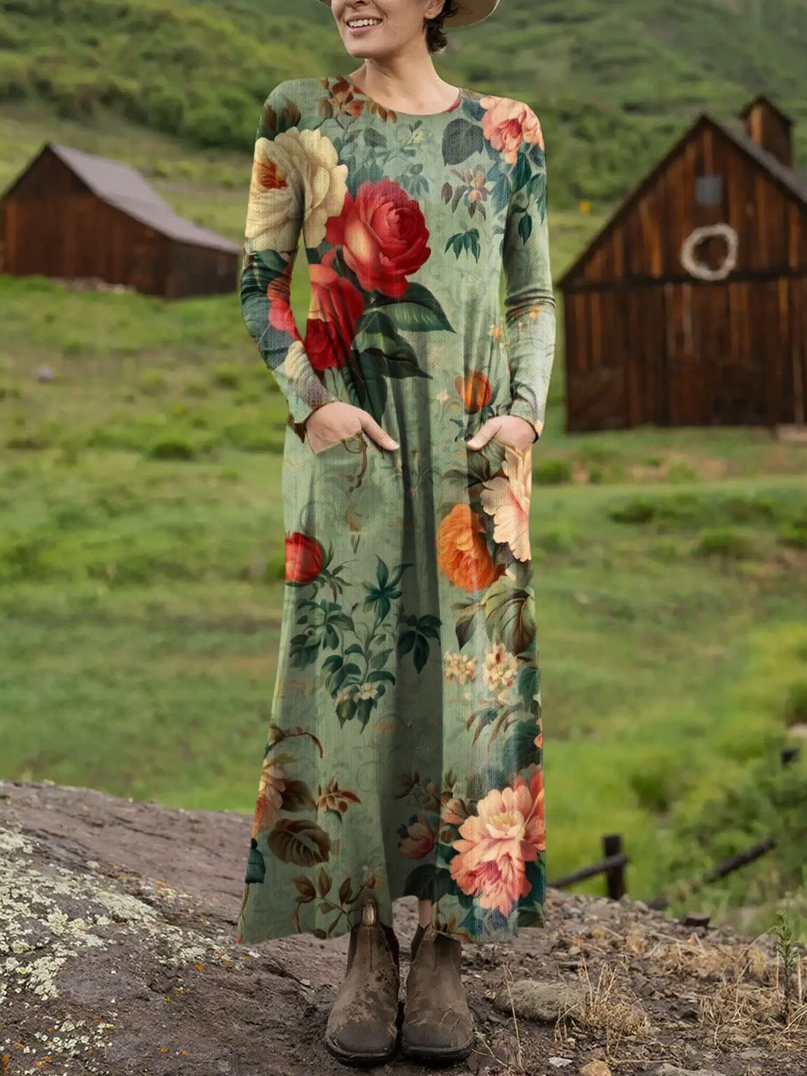 Women's Floral Art Print Casual Long-sleeved Dress