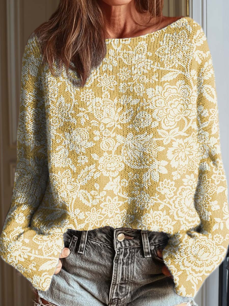 womens-retro-art-flowers-casual-pullover-sweater