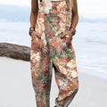 Women's Lovely Floral Art Print Casual 100% Cotton Wide Leg Jumpsuit