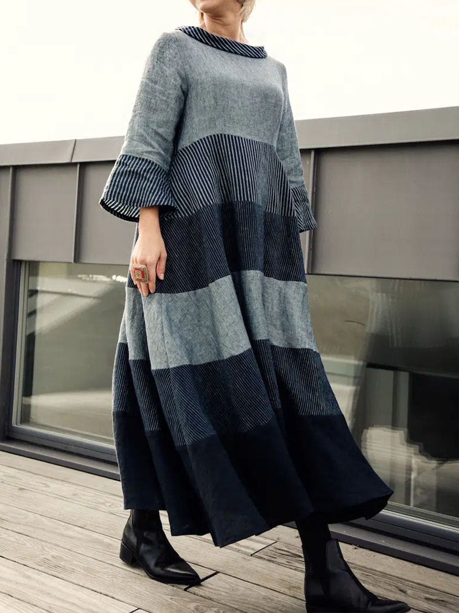 Women's Round Neck 3/4 Sleeves Contrast Color Printed Casual Loose Cotton and Linen Dress
