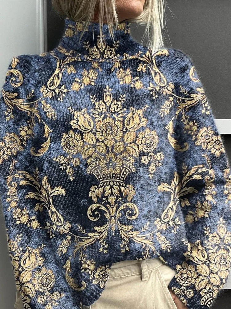 Women's Vintage Lovely Floral Art Print Knit Turtleneck Pullover Sweater